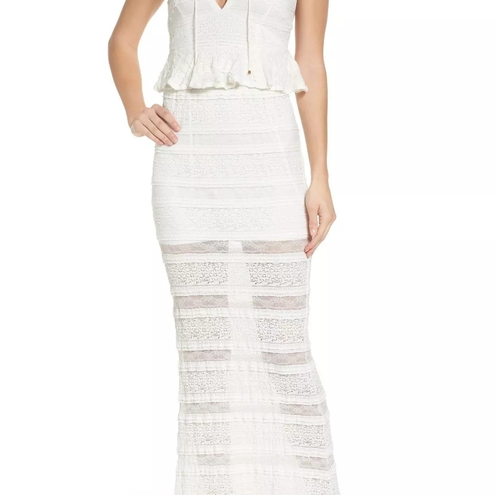 Elegant White Lace Maxi Dress With Velvet Lace Tie On Chest